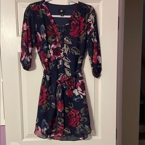 Iz Byer Red and Pink Wrap Mini Dress with Bishop Sleeves